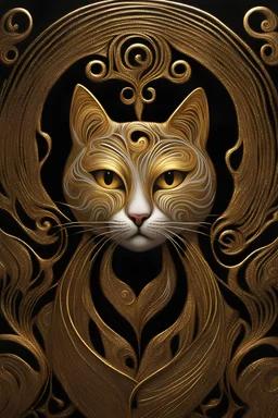 a painting of a cat on a black background, gold striated swirling finish, style of ian hubert, golden organic structures, made out of shiny white metal, avatar image, kenny mcbride, an anthro cat