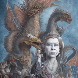 epic photo of queen elizabeth riding a dragon by tim burton