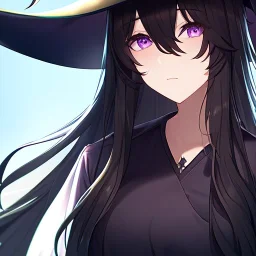 Clear focus,8k,Beatiful Lighting,Beatiful Blur,Beatiful Face,Beatiful Shading,Black long hair,silky hair, long silky bangs, Purple eyes, wearing a witch outfit, extreme close up, Hair in eyes, lot of hair