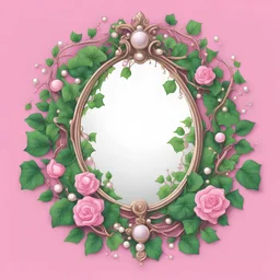 Create an Artwork of a Mirror with ivy branches and pearls necklace, Like a creative Logo for a Varasity Jacket to put a random number uin it, Vector illustration. Colors should be pink and green