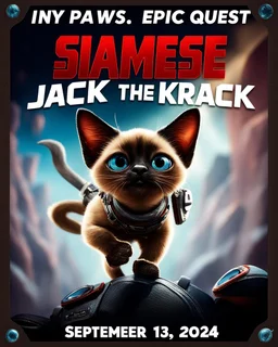 Create a realistic movie poster for 'Siamese Jack the Krack' featuring a siamese in an adventurous setting, with futuristic elements, dramatic lighting, and the tagline 'Tiny Paws, Epic Quests: Unleash the Adventure with Siamese Pete!' with a release date of September 13, 2024