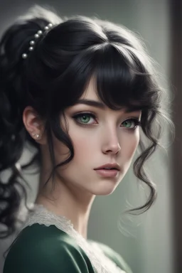 Slowly raising her head, she looked at him with expressive green eyes. Her black hair with gray highlights was wavy, gathered in a small ponytail, and pearl-shaped invisible hairpins to cover the bangs that hindered her eyes, decorated her delicate face.