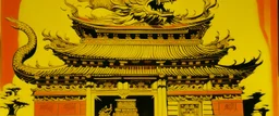 A golden mythical dragon temple painted by Andy Warhol