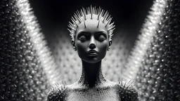 A female humanoid sculpture, intricate and detailed, crafted from thousands of tiny steel spikes, each element expertly fashioned with razor-sharp precision, standing confidently. The figure's delicate features are beautifully replicated, showcasing the elegant curves of its form and the precise angles of its face, creating a dazzling interplay of light and shadow that draws the eye. Background is completely covered by steel spikes