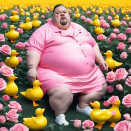 A fat man wearing a Balenciaga dress is sitting in a field of pink roses next to yellow plastic ducks and eating ice cream.