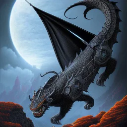 mdjrny-v4 style, highly detailed illustration of a black obsidian dragon, spread wings, black obsidian dragon feet on lava rock, dark sky background, realistic, intricate details, d&d, by artist "Julie Bell", full body