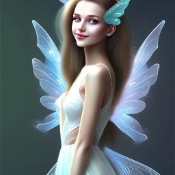 smiling girl, cute, beautiful, long hair, transparent dress, fairy wings, full body