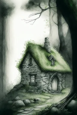 a small, moss covered, stone cottage in a clearing in the woods elegant pencil sketch digital painting extremely detailed very attractive dynamic lighting award winning fantastic view crisp quality