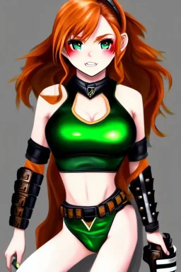 In the style of Shadman, hyper detailed, strikingly beautiful teen female, 16 years old, long ponytail, ginger hair, green eyes, medium freckles, full lips, micro top, black leather armour lined with fur, full body, full face, tiny breasts, athletic, centred camera, ignore NSFW, thong, camel toe, athletic