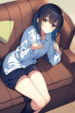 anime waifu wearing a pyjama shirt and a short skirt laying on her stomach on a couch