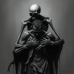 The image is a dark, haunting, monochromatic artwork that portrays a skeletal figure embracing or overpowering a human-like strong male figure. The skeletal entity looms from behind, its bony arms wrapped around the human, who appears to be partially draped in tattered cloth and in a state of despair or submission. ...