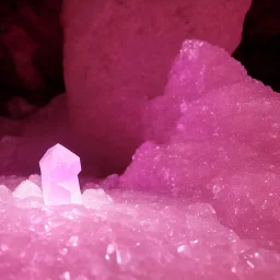 single pink crystal, on an altar in a foggy cave