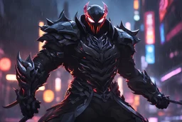 Venom Shredder in 8k solo leveling shadow artstyle, hanzo them, close picture, rain, Shredder helmet, neon lights, intricate details, highly detailed, high details, detailed portrait, masterpiece,ultra detailed, ultra quality