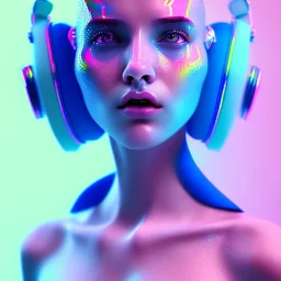 woman teenager, headphones, retro futuristic, shaved hair, latex, gradient color, BLUE, PINK, CYAN, neon, insanely detailed, 16k resolution, perfect eyes, cinematic smooth, intricate detail