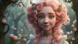 happy fairytale villager with long pastel peach colored hair and curls in an enchanted forest, 8k, high quality, trending art, trending on artstation, sharp focus, studio photo, intricate details, highly detailed, by tim burton