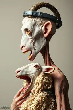 ("yummy yummy")side profile, with heading (autofarm) in poster form,a portrait of a very very skinny head mechanic sheepman, man is eating a hybrid mixed body part sheep, giant eyes sheep alien style H.R giger look. as one headed mouth open, rough teeth, turn head, (&*&*^%$^#%$#%$^%$#^#$#^%#$^$#&#^46747854784846857
