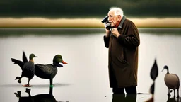 old man talks on phone while chasing ducks away, looking very confused