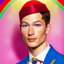 Timothy Von Rueden, vonnart, ringleader, Arthur Kulkov face shot, front, handsome, circus, male, Yamada Akihiro artwork, Russian, lisa Frank fantasy, Golden hour