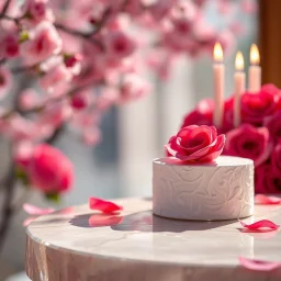 crystal stone romantic atmosphere, glossy transparent stone tabletop, rich atmosphere, floating pink rose petals, rose background, blurred background, red shades, tulle, candles, cake from the side, luxury, close-up, warm light, minimalismspring cherry blossoms blurred background sunny weather