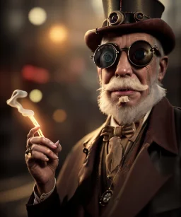 steampunk, cabaret scene. old man. Sunglasses, rain, smoking, happy, hot, people background, highly detailed, concept art, unreal engine 5, god rays, ray tracing, RTX, lumen lighting, ultra detail, volumetric lighting, 3d, finely drawn, high definition, high resolution.