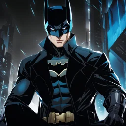 (masterpiece), (anime style), award-winning, close-up, centered, Instagram-friendly, looking towards camera, dynamic pose, messy black hair, Batman blue eyes, intricate modern background, dynamic lighting, depth of field, ultra detailed, (epic composition, epic proportion), 2D illustration, professional work, black clothing