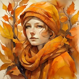 Art by joachim beuckelaer, Watercolor Vintage Style, vintage, an ultra hd detailed painting of autumn, Orange and brown background "art style that combines the elegance of line art with the vibrancy of watercolor wash. The artwork is highly detailed, with sharp focus and smooth transitions. The overall feeling is dynamic and highly polished, influenced by the works of Carne Griffiths, Wadim Kashim, and Carl Larsson. In the style of Carne Griffiths (for his intricate and flowing line work), Wad