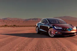 A Tesla 'Model Y' is parked, in the Mojave Desert. (CINEMATIC, WIDE ANGLE LENS, PHOTO REAL)