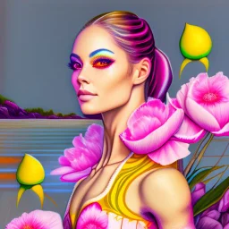 PHOTOREALISTIC PORTRAIT OF A GIRL of Cirque dU soleil, WALKING ON THE SHORE AT THE MOONLIGHT, AND EMBRACING PINK YELLOW PEONIES, VIVID colors: torquoise, pale salmon, persimmon, grey-green , pale lemon yellow, greenish gold, metallic bronze. ULTRA detailed; CORRECT anatomy, FACE and eyes, HIGH RESOLUTION AND DETAILS, HIGH DEFINITION, STYLE BY RAFFAELLO, MICHELANGELO, KAROL BAK, ANDY WARHOL, Anna Dittmann