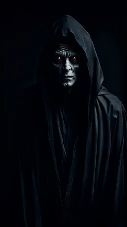 A scary figure in black robe looks at the camera from a black background