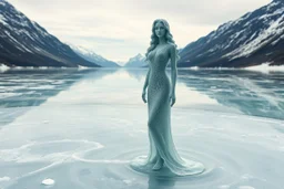 in a frozen sea with pretty mountains a full model lady statue with long curvy hair made and midi jeweled dress made of frozon water in artist pose standing over frozon water looking at camera, of clear glass like ice that going to melt and water drops fall from all body.