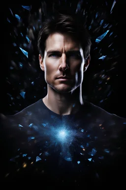 Tom Cruise facial portrait - pitch-black background with a blue glowing overhead spotlight effect, multicolored shards of ice, splashing water, prism effect, mosaic effect, time travel, space voyages, superheroes, moving really fast