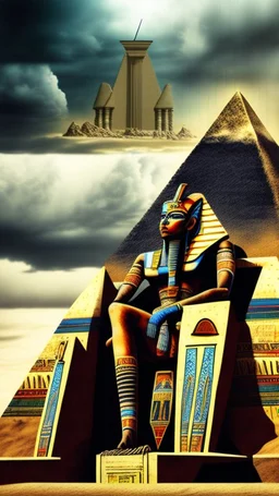 Synthography Art in Bocsh painting style nightmare of The Pyramid shape building with visual details of thousands of old Egyptian mechanical and heliographic components and symbols textures with gray clouds stormy weather in the background