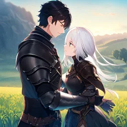 Girl with white hair. Boy with black hair wearing leather armor. Field