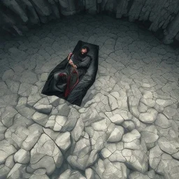 black-robed man sleeping on his back on a stone slab in a large cave