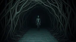 a dark and eerie tunnel with a figure in the center. The figure appears to be a humanoid figure with a long, slender body and a round head. It is standing in the middle is made up of twisted and gnarled branches and roots, creating a tunnel-like atmosphere. The floor is made of stone tiles, and the overall mood is dark and foreboding. The overall mood is eerie and eerie.