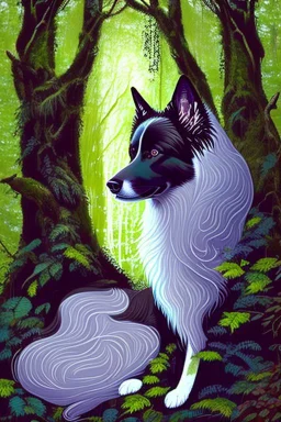 In the heart of a dense and enigmatic forest with towering ancient trees cloaked in emerald foliage stood a bewitching sorceress possessing an ethereal allure her lustrous hair cascading in ebony waves down to her slender waist that turns into roots In the background a faithful companion a majestic canine of Belgian shepherd lineage roamed at her side its eyes illuminated by an otherworldly crimson glow exuding an aura both mysterious and demonic