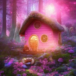 a cute pink and blue fairy house in the forest, spring time, mushrooms, 8k, flickering light, centered, high-quality, fine-detail, digital art, detailed matte, volumetric lighting, illustration, 3D octane render