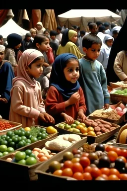 oriental arabic childeren at a market in a back vieuw distance panting neoclassism