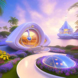 landscape of summer tropical ambient beutiful villa white gold and neon lights bright and colorful bright gloss effect of a futuristic house,like spaceship, natural round shapes concept, large transparent view of the open outdoor garden,sea beach at sunset, gold crystals,with light pink, flowers of Lotus, beutiful pools, light of sun , palmiers,cerisiers en fleurs, wisteria, sun , stars, small waterfalls