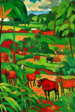 A red farmland with bio life painted by Paul Gauguin