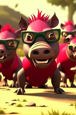 Close-up animation of a mischievous group of wild warthogs wearing sunglasses and attempting to breakdance in a comical fashion.