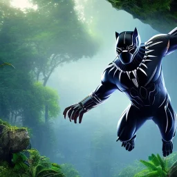 winged black panther full body flying jungle background