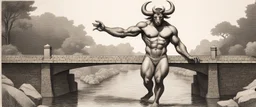 copper etching of minotaur psionic master in threatening pose in swimsuit on stone bridge