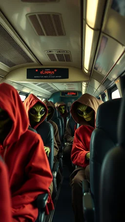A bus full of scary hooded aliens sitting in the airplane