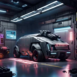 cyberpunk garage containing an armored car, Minimal, Clean Layout