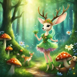 Fiona the faery has fun and kisses Deery the deer [ow tasty these hallucinatory mushrooms are " we are now all dancing all the way to the village: We are laughing loud and loving nature and animals. This forest is so fun!]