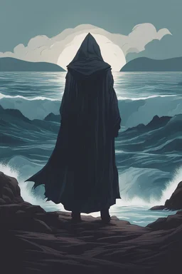 dnd styled background, ocean background, hooded figure overlooking the sea facing forward