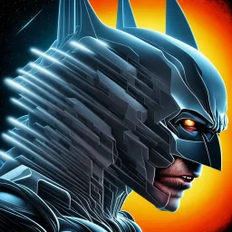 In a futuristic art gallery, a digital artwork of Batman's head captures the attention of all who pass by. The image is rendered in bold, vibrant colors and intricate details, creating a striking visual impact that is perfect for merchandise such as t-shirts and mugs. The image shows a close-up of Batman's head and face, with the iconic cowl and bat emblem prominently displayed. The image is set against a dark, shadowy background, adding to the drama and intensity of the piece. This digital artw