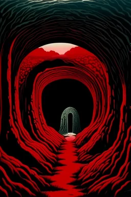 A dark red molten underground designed in Bayeux tapestry painted by Rene Magritte