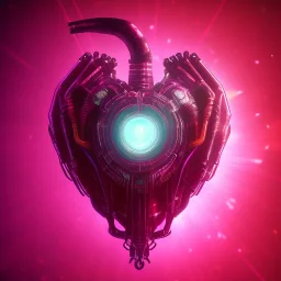  human heart realistic cyberpunk rib bones neon shining, dark red tones,